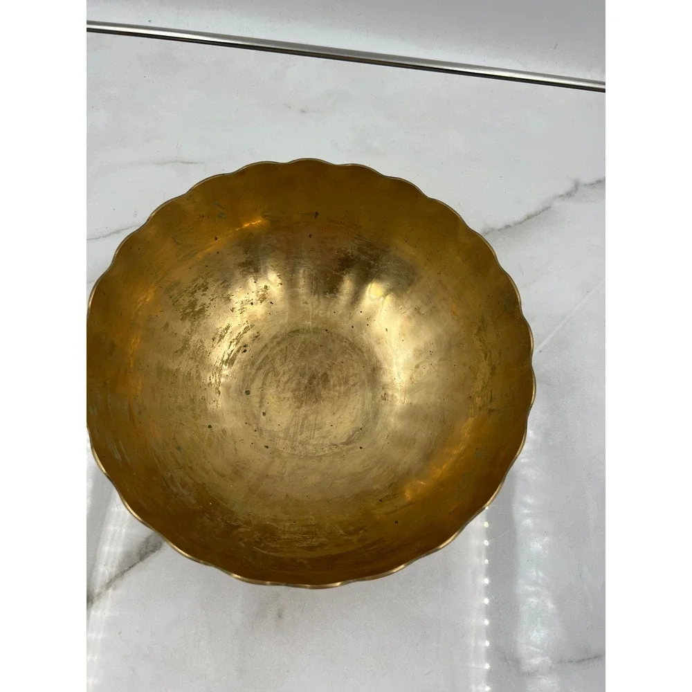 Vintage Scalloped Brass Bowl Made in Korea Hammered Gold Centerpiece 9.75 inch